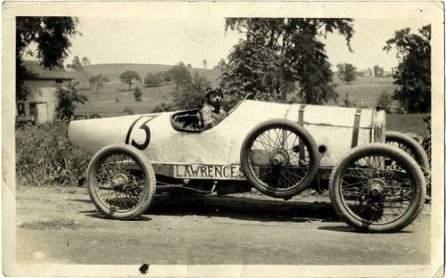 “Wild Bill” Lawrence in one of his, beloved home built race cars.  Family lore claims he set a  “Coast to Coast” in record in one of his Specials. Circa 1920. chs-013829
